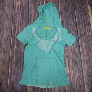 Free People Medium Blue Green Boho Hooded Top Short Sleeve Bohemian Summer